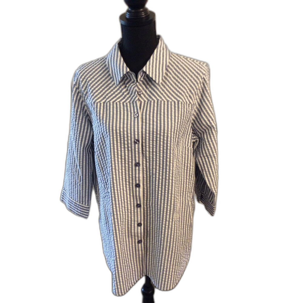 EUC Joan Rivers Striped Medium M Blue Tunic Pockets Back buttons